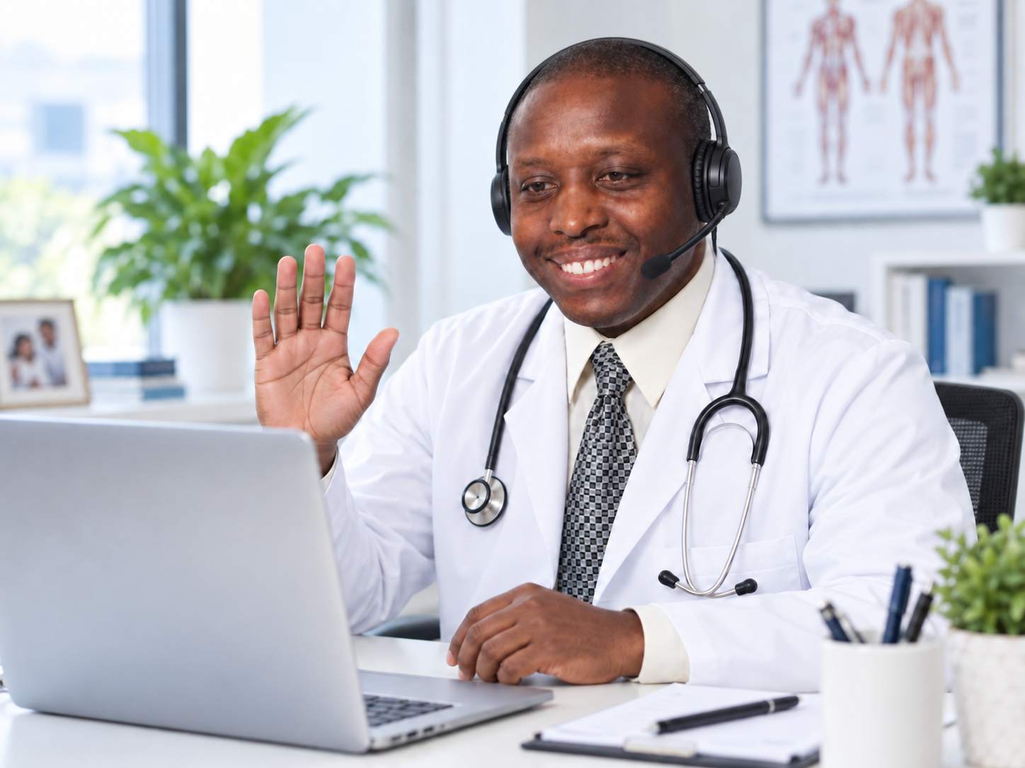 Dr. Nicholas Atudonyang greeting a patient by video
